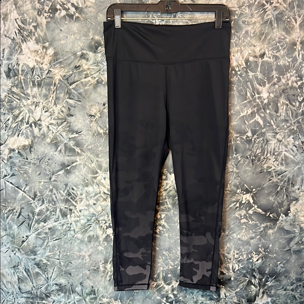 Mono B Black and Gray Camo Workout Capris with Wide Waistband